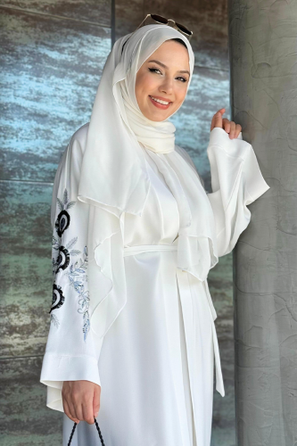 Nakış İşleme Detaylı Bel Kuşaklı Abaya 7898 Ekru - 4