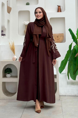 Nakış İşleme Detaylı Bel Kuşaklı Abaya 7898 Kahverengi 