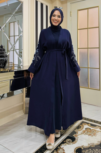 Nakış İşleme Detaylı Bel Kuşaklı Abaya 7898 Lacivert 