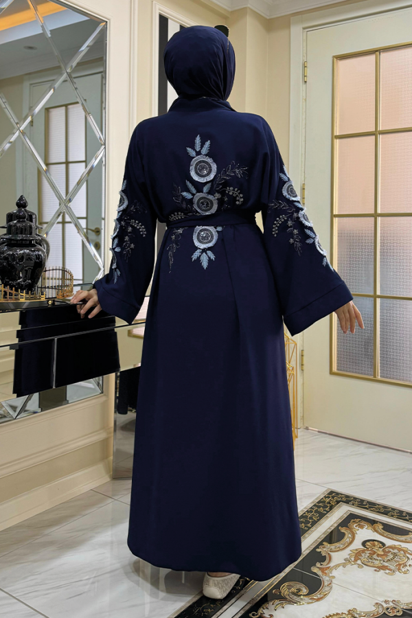 Nakış İşleme Detaylı Bel Kuşaklı Abaya 7898 Lacivert - 2