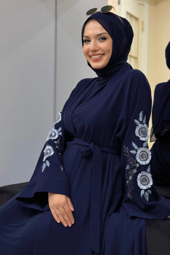 Nakış İşleme Detaylı Bel Kuşaklı Abaya 7898 Lacivert - 4