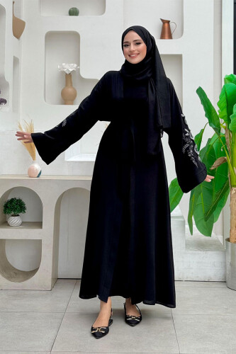 Nakış İşleme Detaylı Bel Kuşaklı Abaya 7898 Siyah 