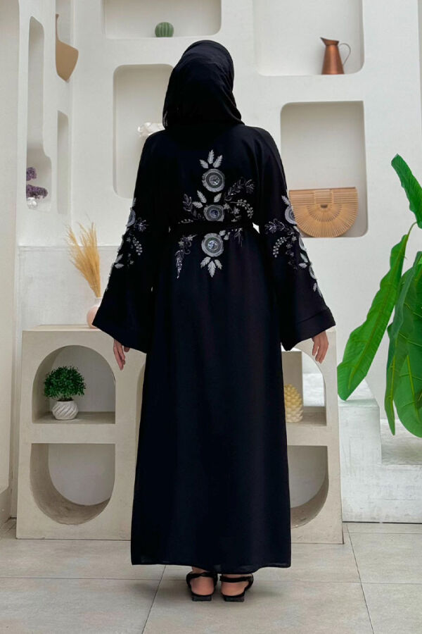 Nakış İşleme Detaylı Bel Kuşaklı Abaya 7898 Siyah - 2