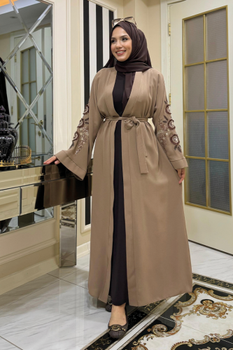 Nakış İşleme Detaylı Bel Kuşaklı Abaya 7898 Vizon 