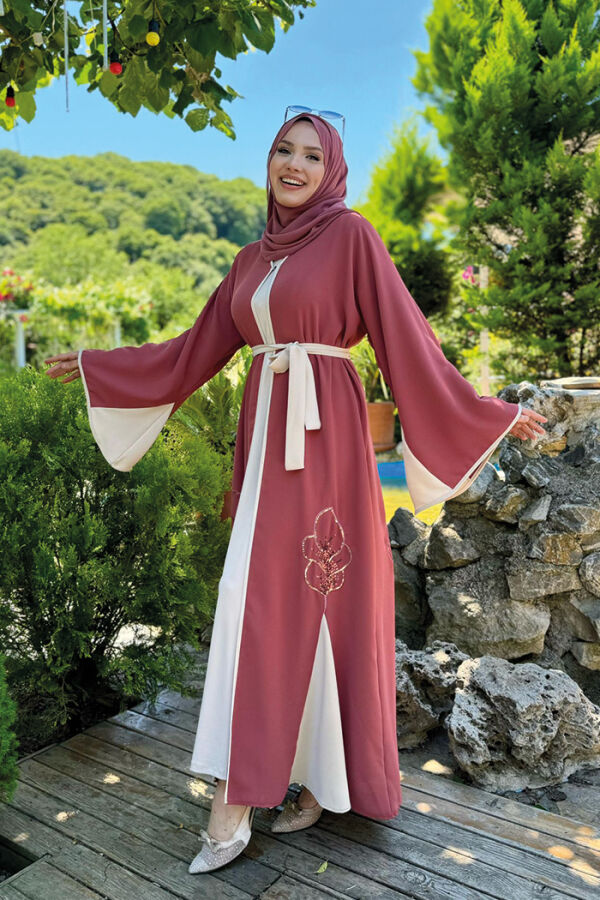 Nakış İşleme Detaylı Bel Kuşaklı Abaya 7901 Gül Kurusu - 2