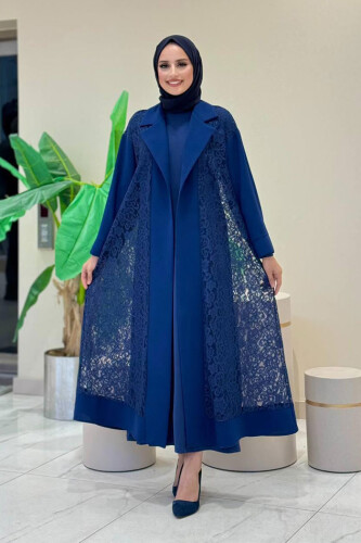 Yakalı Dantel Güpür Detay Abaya 7830 Lacivert - 1