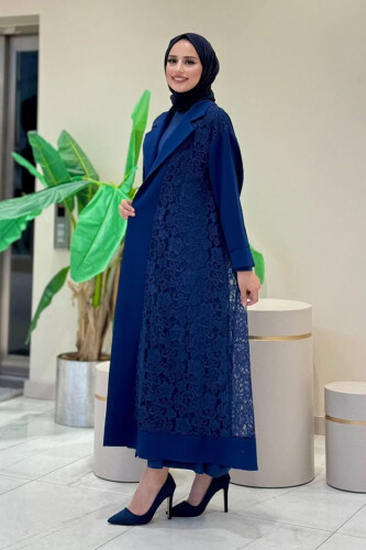 Yakalı Dantel Güpür Detay Abaya 7830 Lacivert - 3